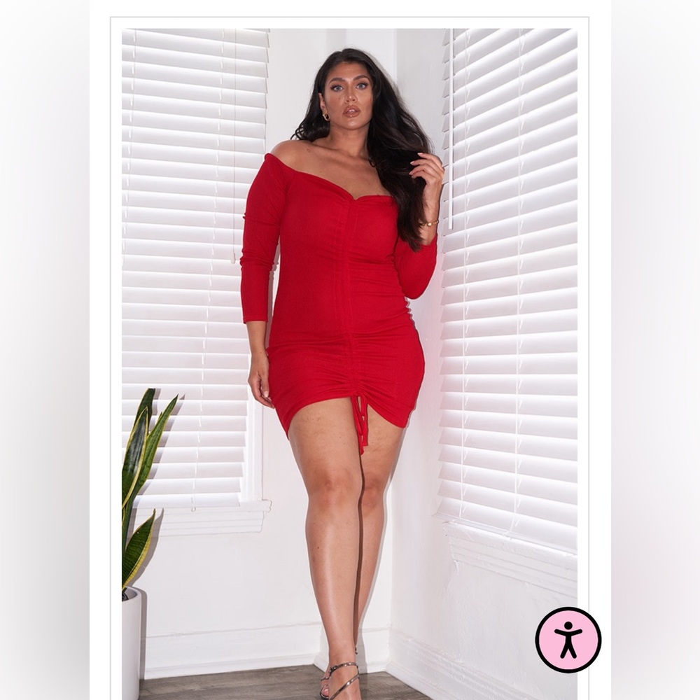 Red ribbed long sleeve Bardot ruched bodycon dress. NWT
